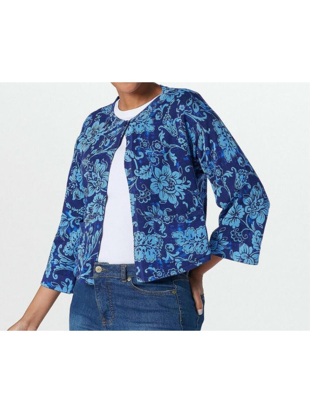 2738 Isaac Mizrahi Live! Floral Printed Single Button Front Cardigan Royal sz M